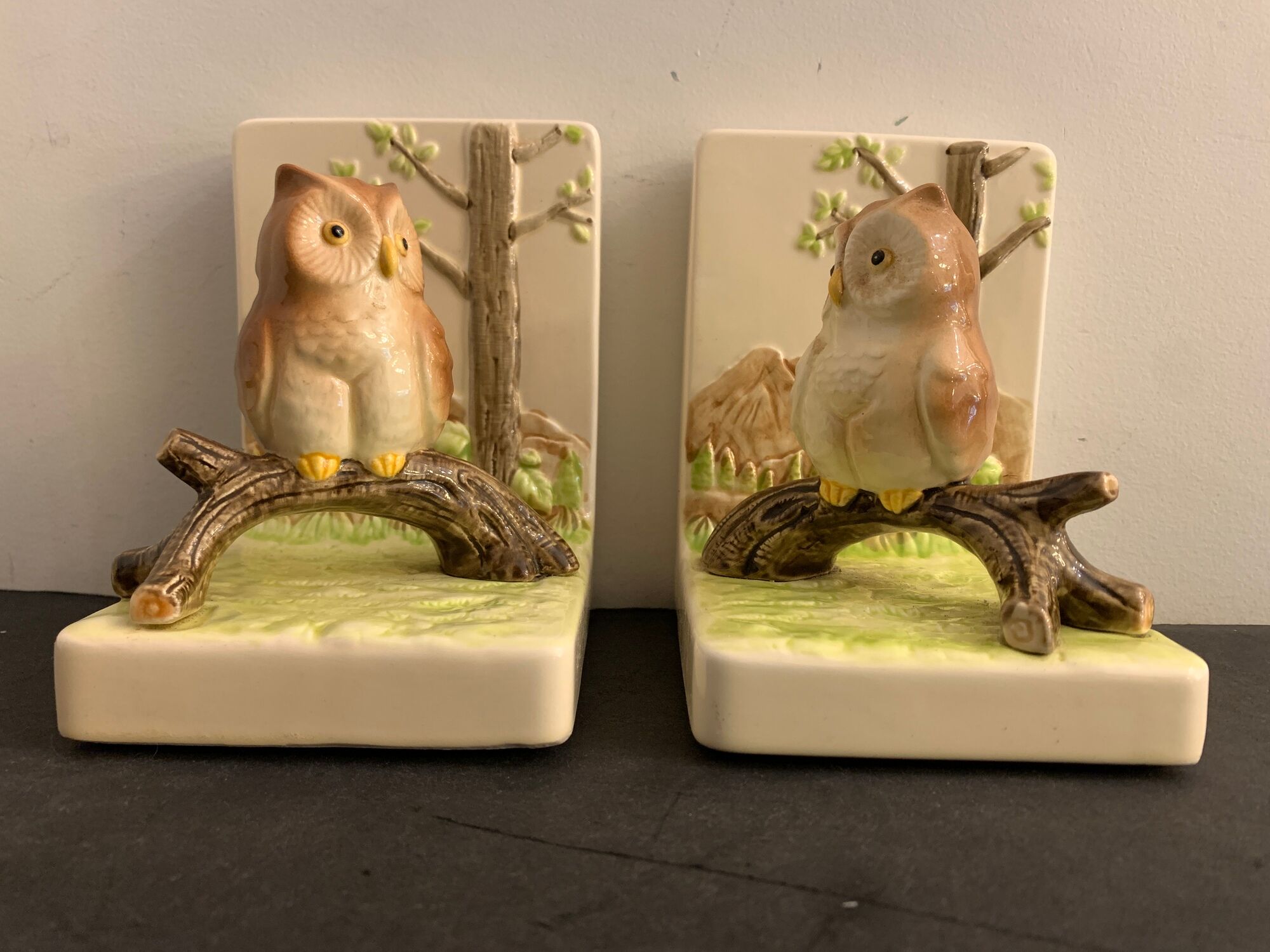 Pair of owl Japanese ceramic book greenhouses, 1980