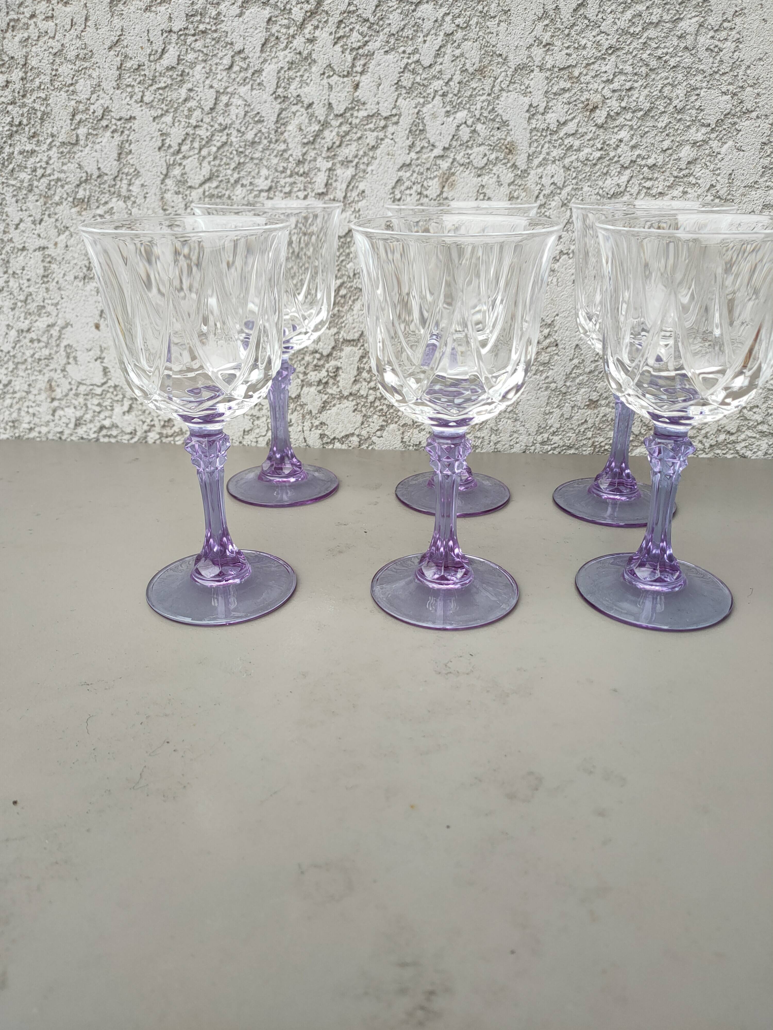 set of 6 purple stemmed crystal wine glasses