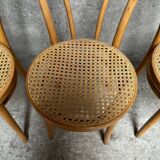 Set of 4 vintage bistro chairs in curved wood and cane seats 1950 1960
