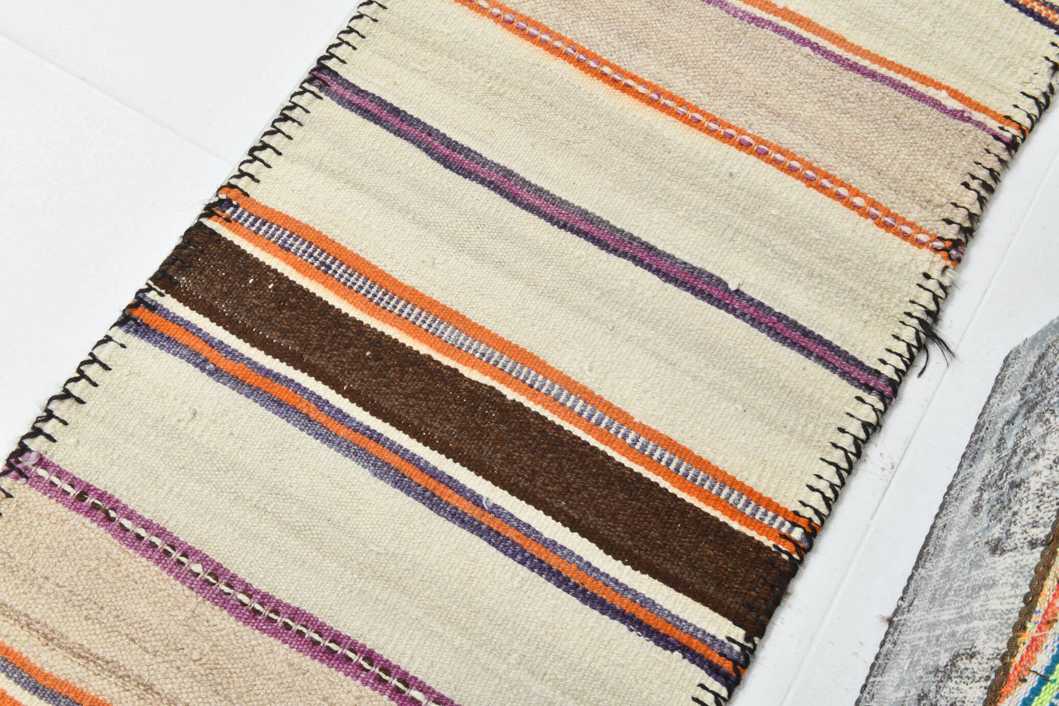 2x11 Brown & Cream Vintage Kilim Runner Rug, 75x337Cm