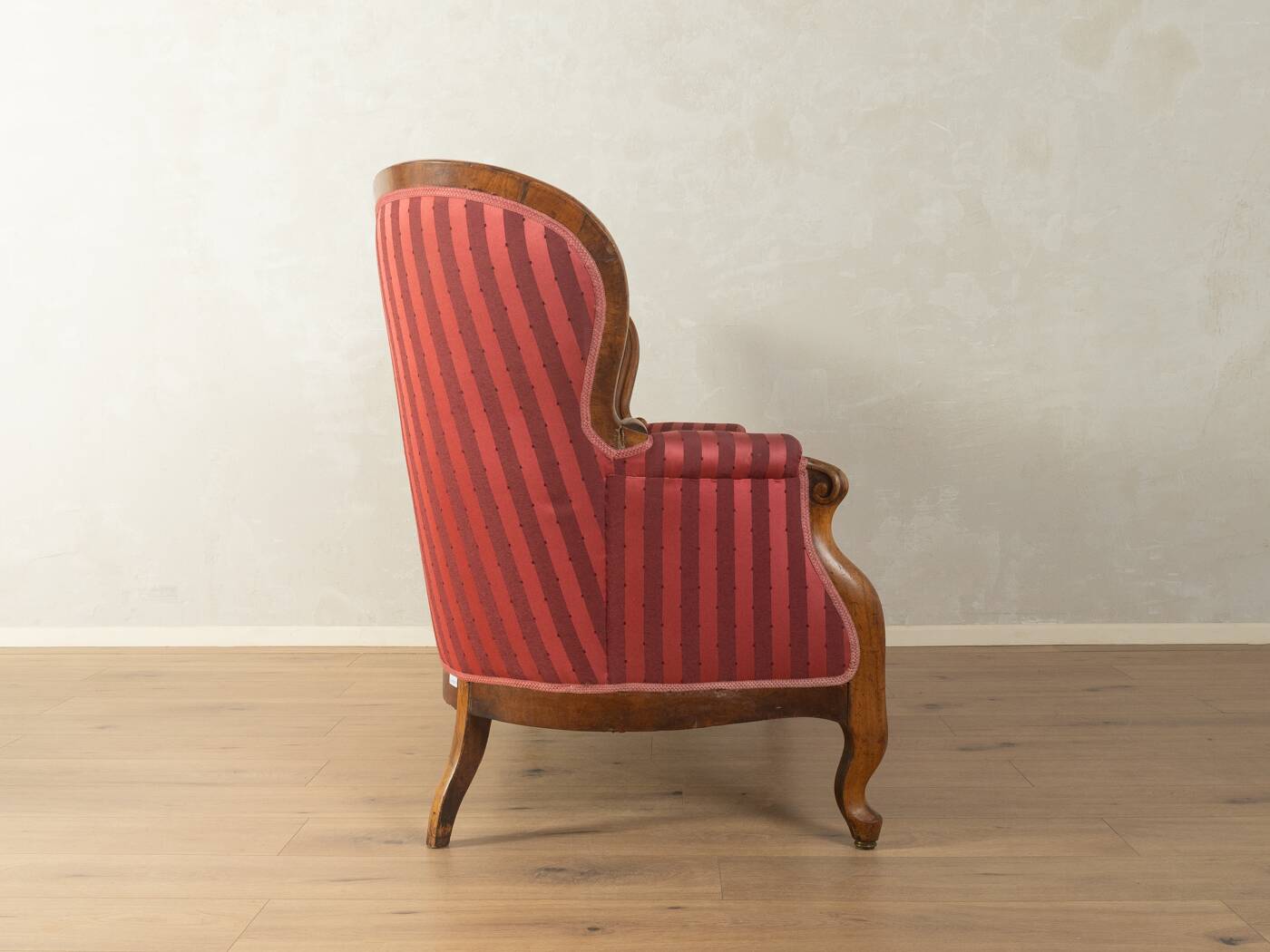 Biedermeier salon bench with raspberry red striped upholstery
