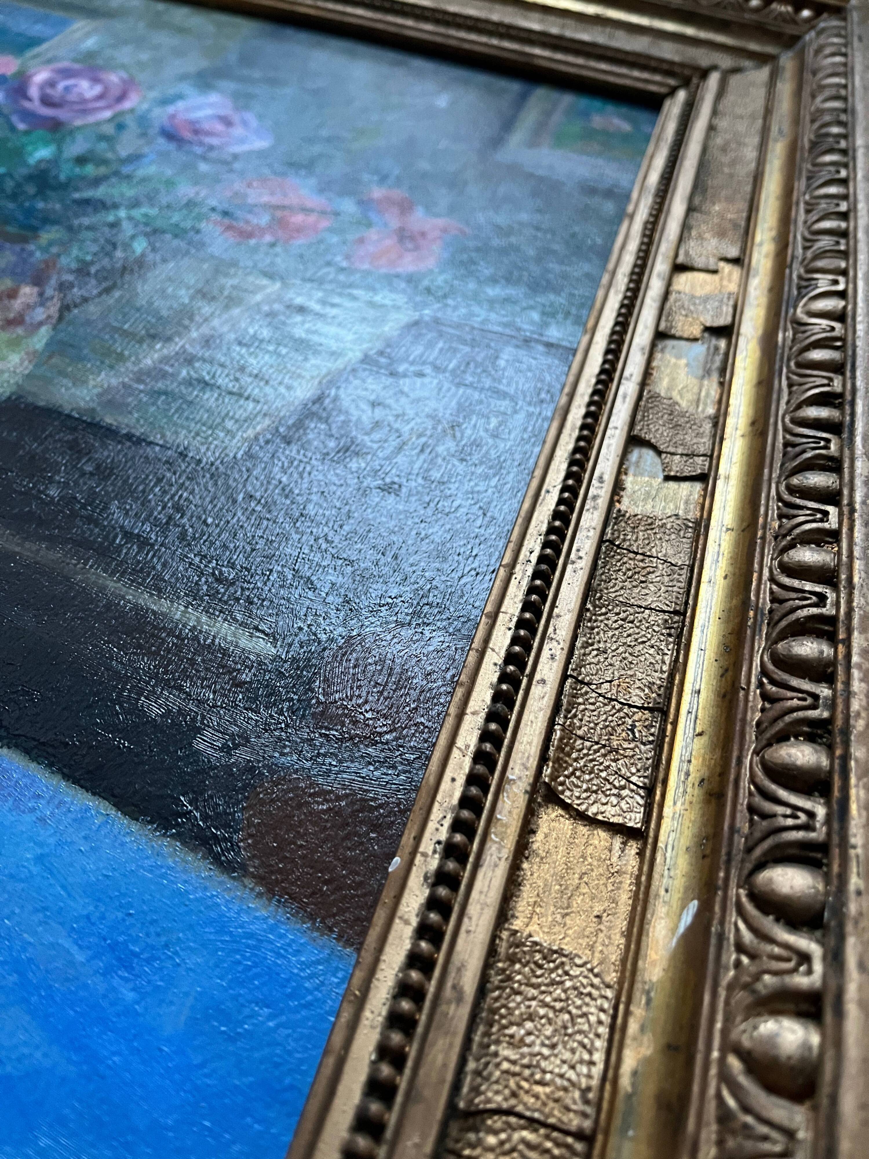 HSP Composition Interior painting with roses, glass paste vase and piano