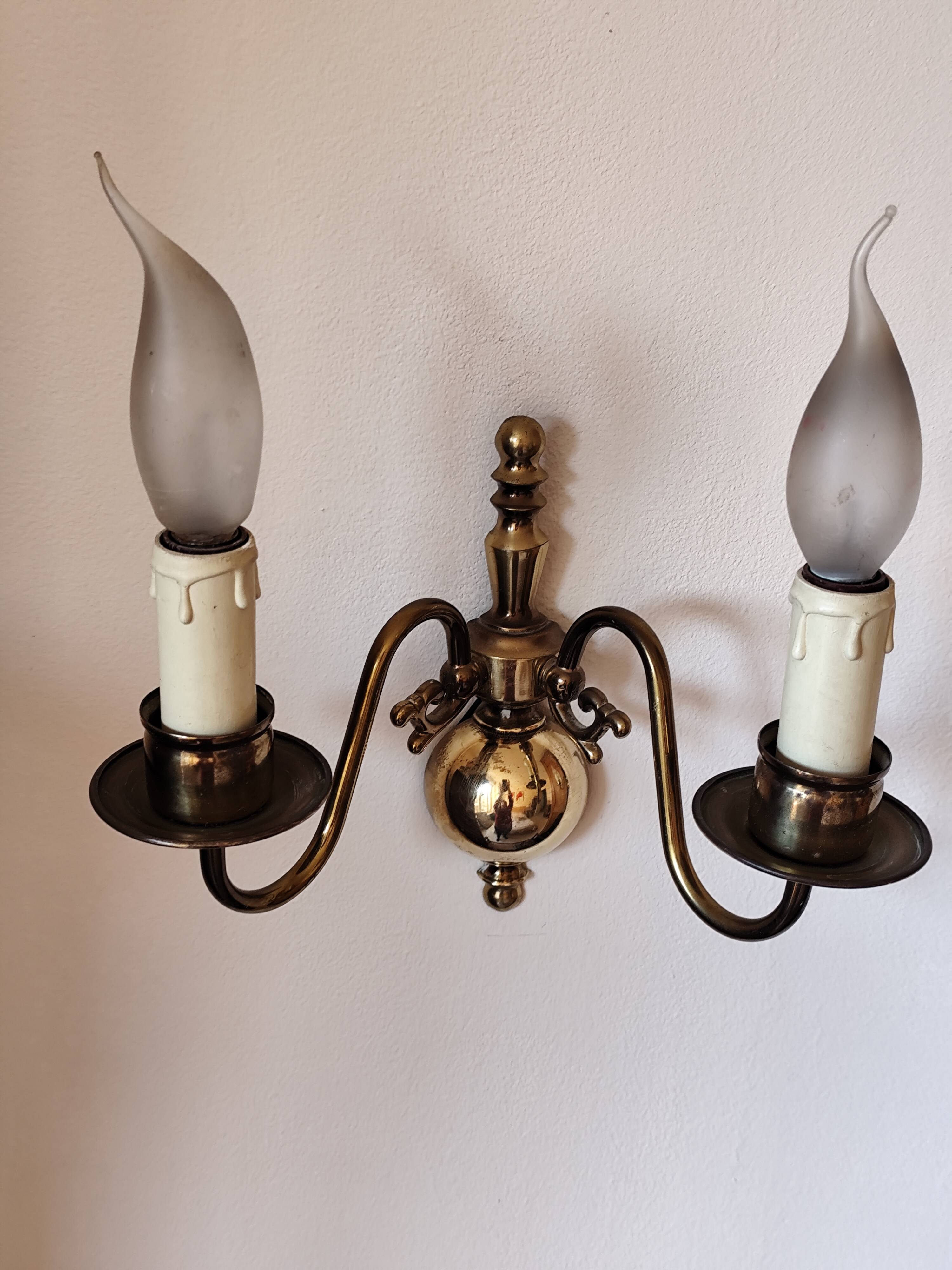 Pair of Dutch style 2-light brass wall lights