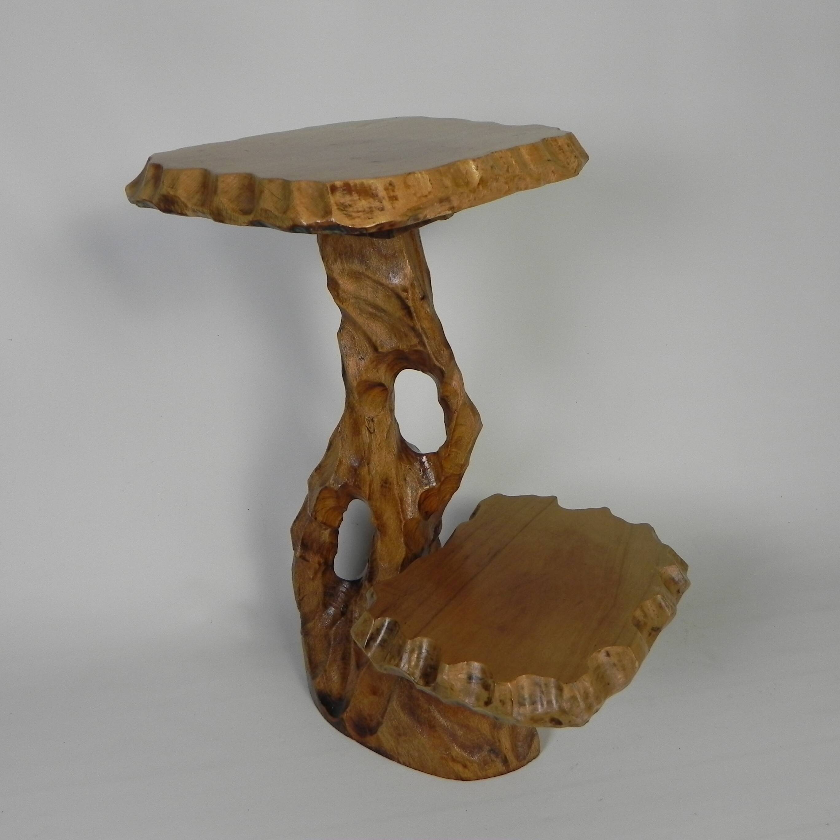 Plant table with 2 shelves, vintage wooden sculpture, USA 1950s