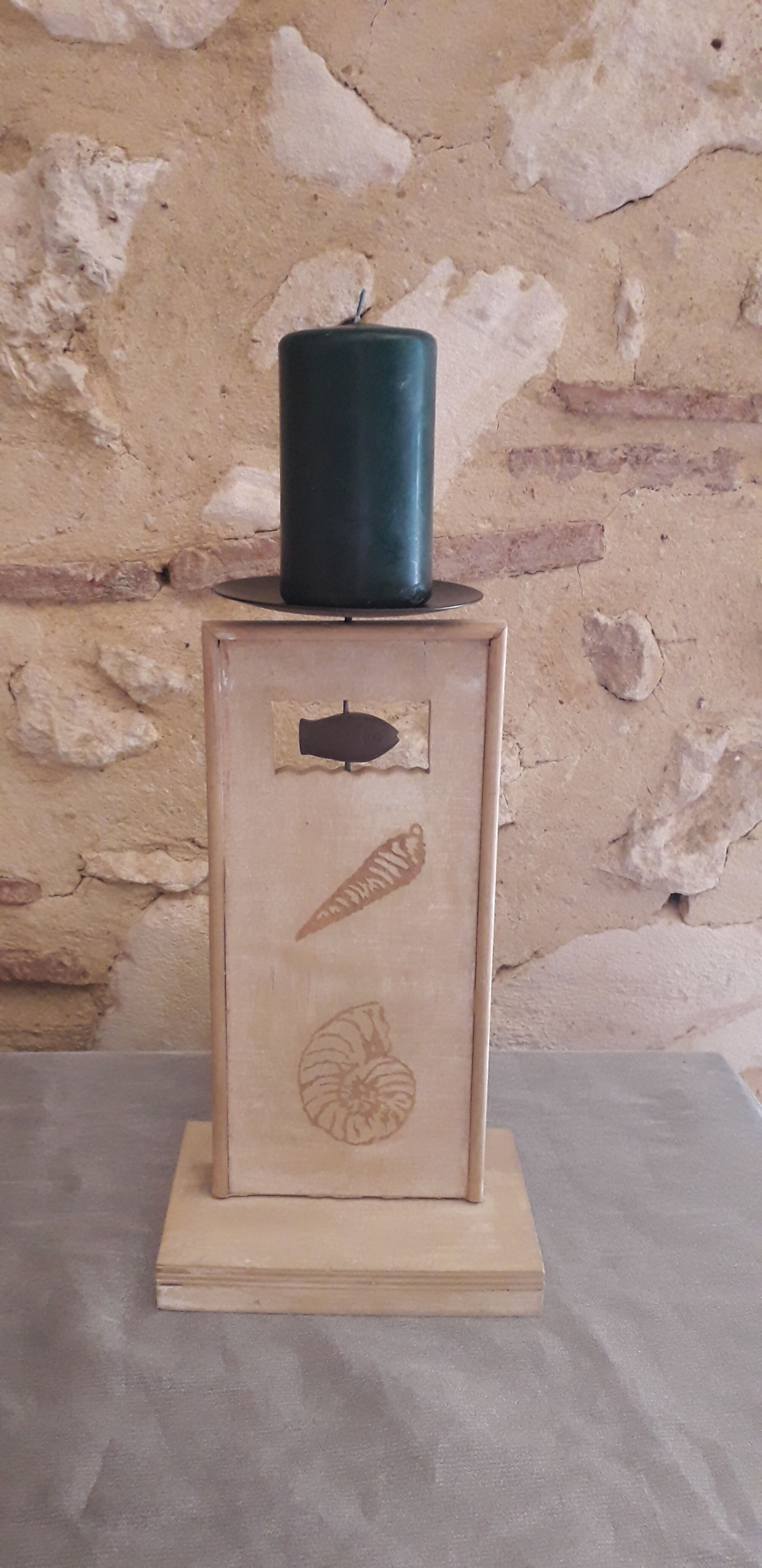 Patinated wooden candle holder, engraved with metal cup, sea decoration