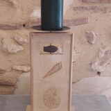 Patinated wooden candle holder, engraved with metal cup, sea decoration