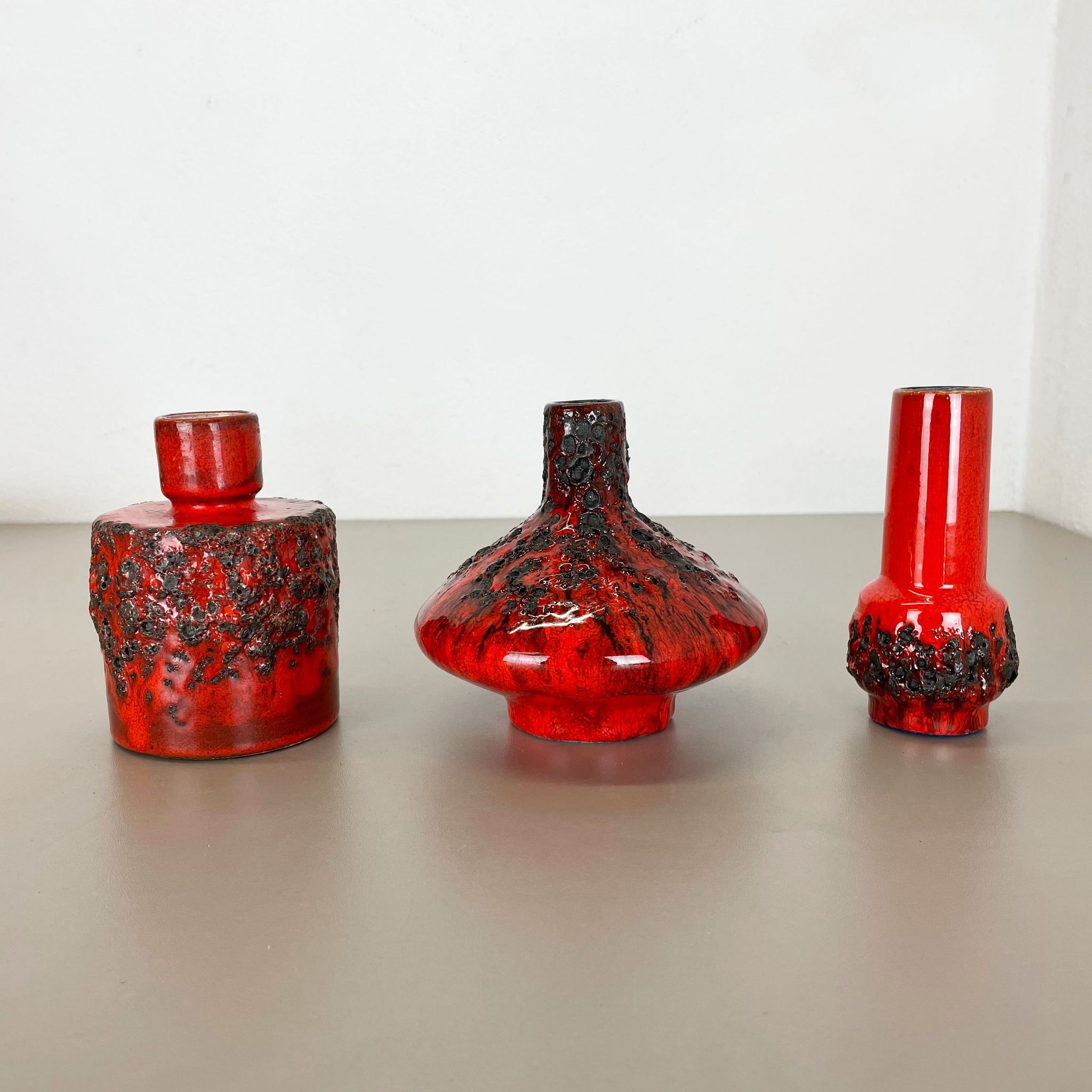 Set of 3 Red Black Ceramic Studio Pottery Vase Objects Otto Keramik Germany 1970