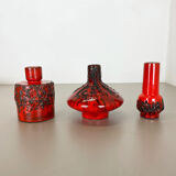 Set of 3 Red Black Ceramic Studio Pottery Vase Objects Otto Keramik Germany 1970