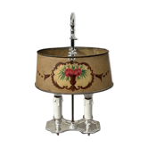 Belle lampe bouillotte en métal argenté, abat-jour floral