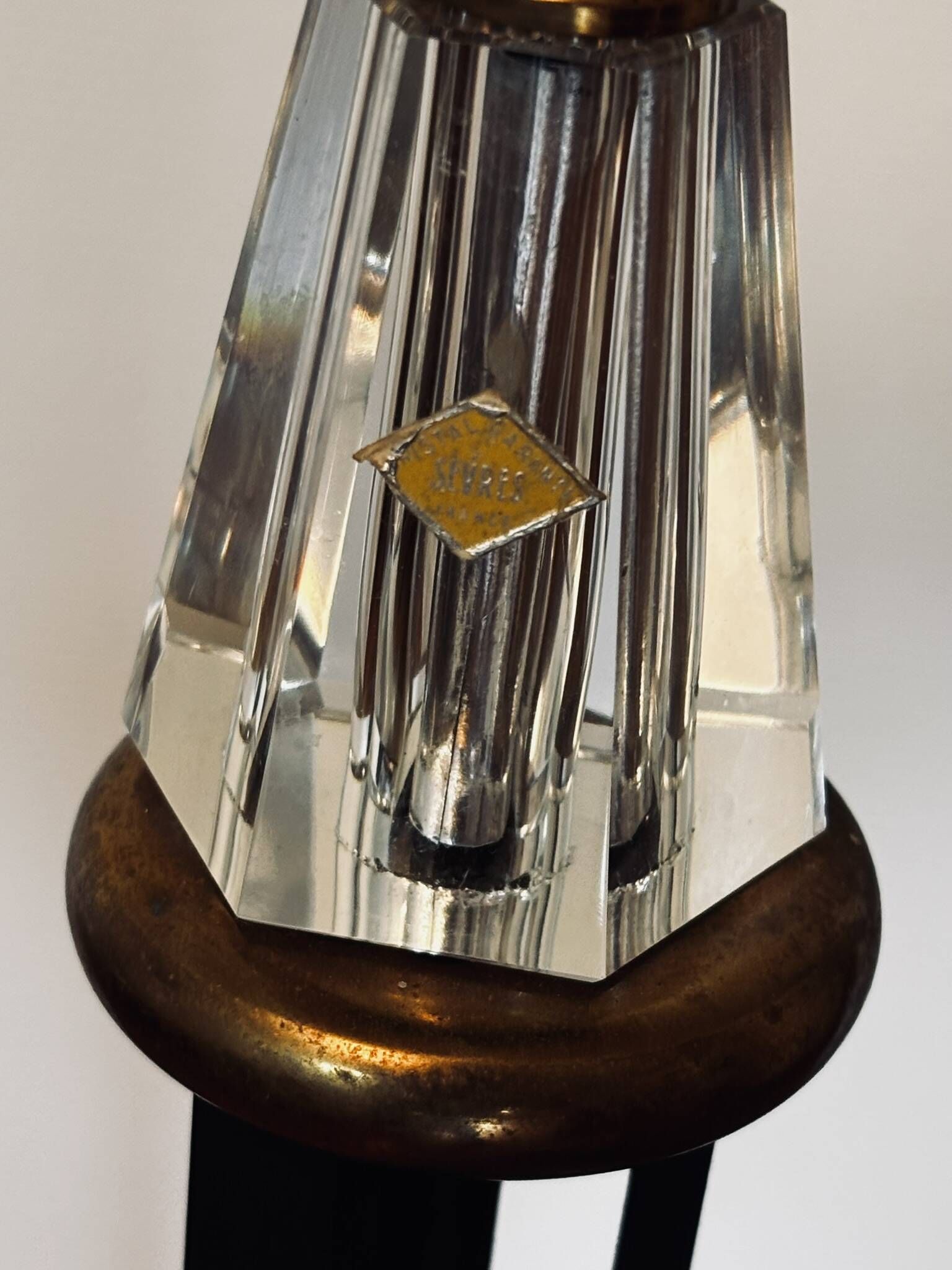 1950s floor lamp - wrought iron, gilded brass, and Sèvres crystal