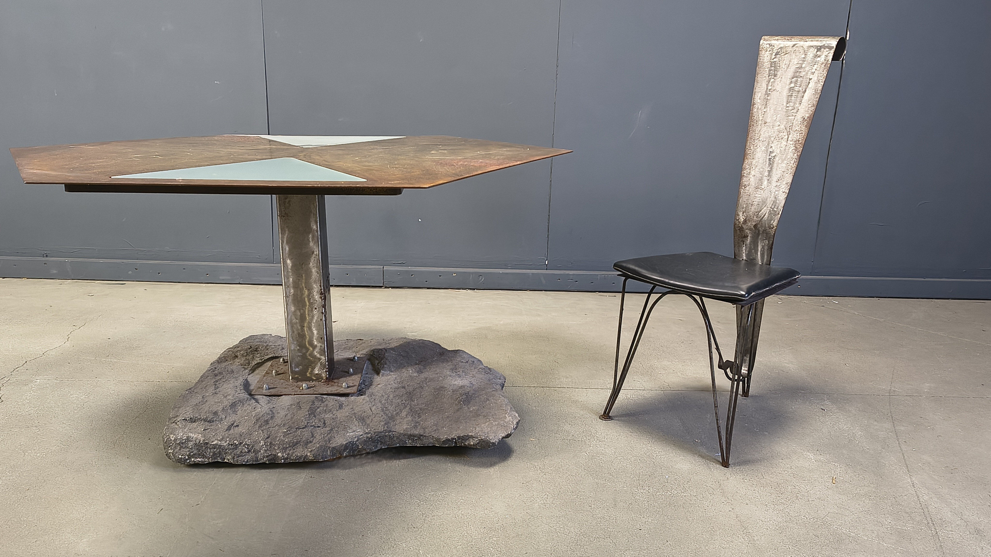 Hand crafted steel and stone dining set, 1970s