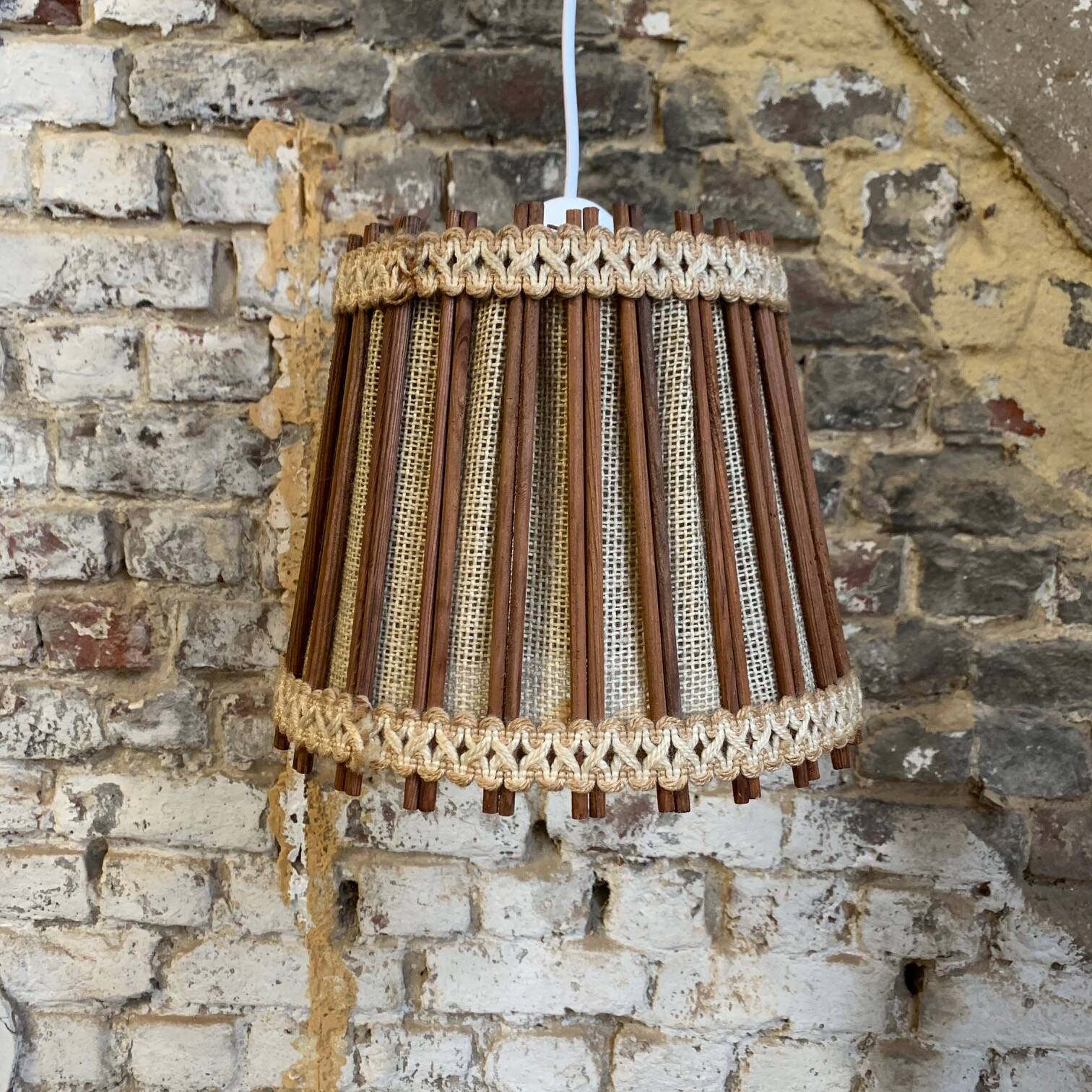 Vintage Scandinavian pendant light (1960s) in wood and linen