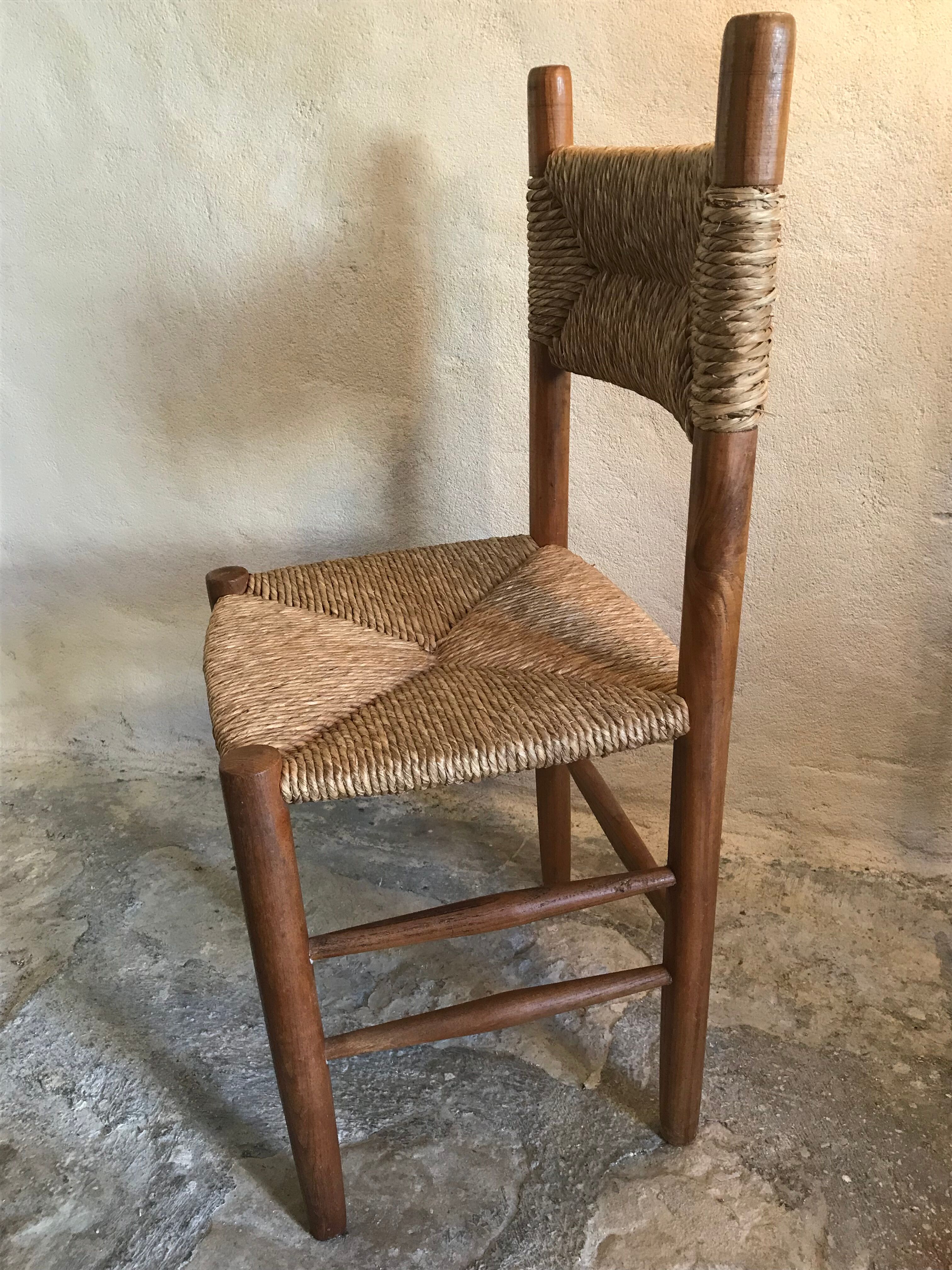 Brutalist vintage beech chair and mid-century straw