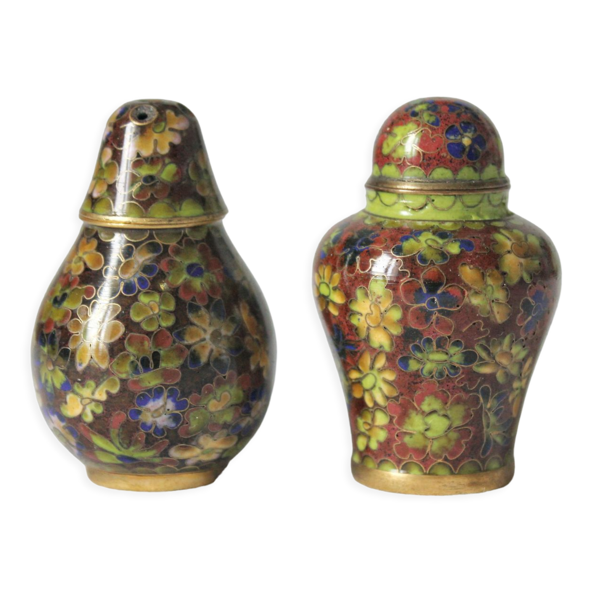 Salière et poivrière en laiton et émail cloisonné vintage