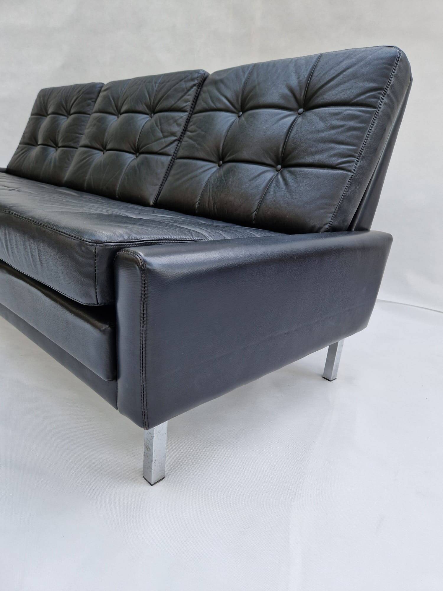 Canapé 3 places, vintage, chrome, cuir noir, Danemark, années 1960