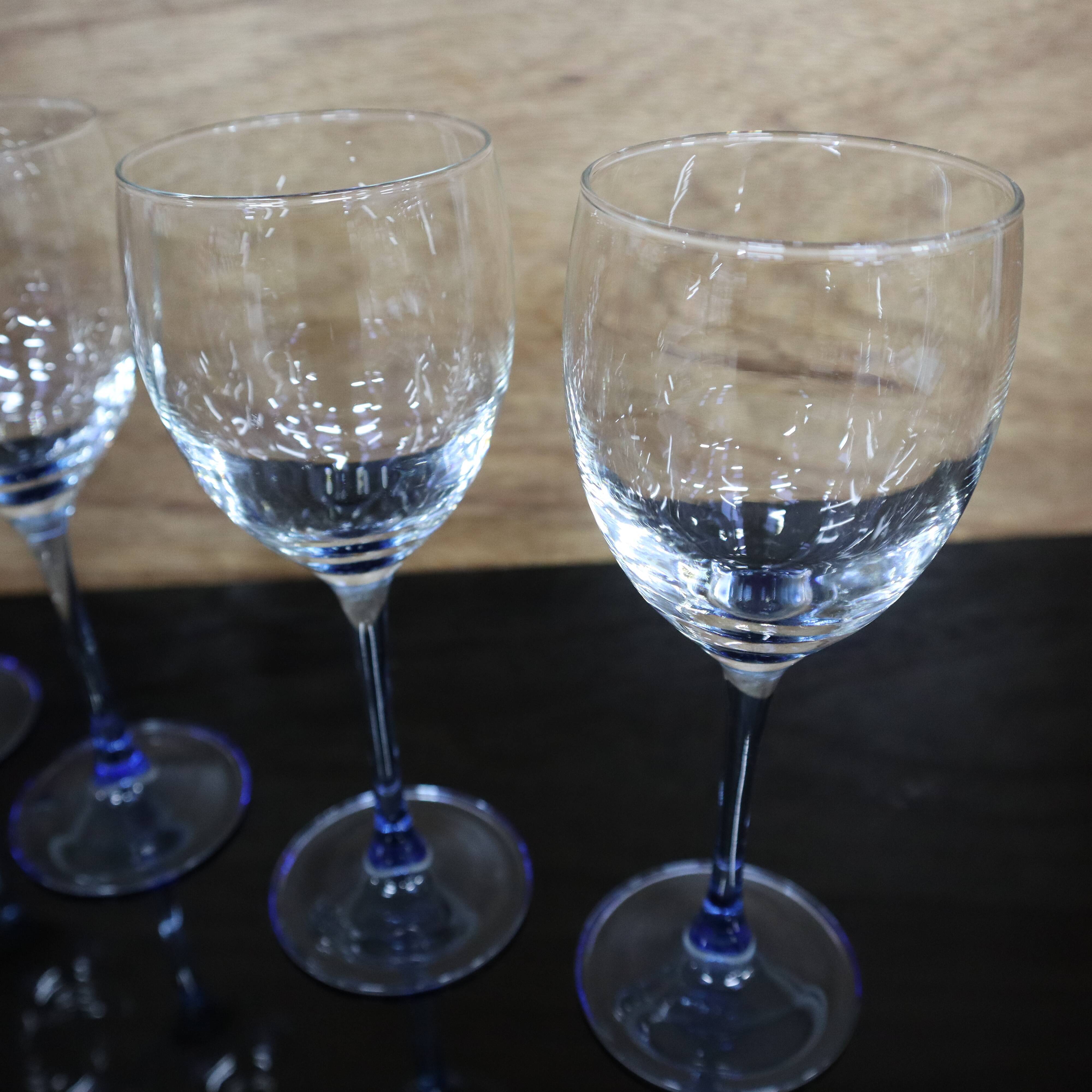 4 Luminarc red wine glasses with blue stem Azur France