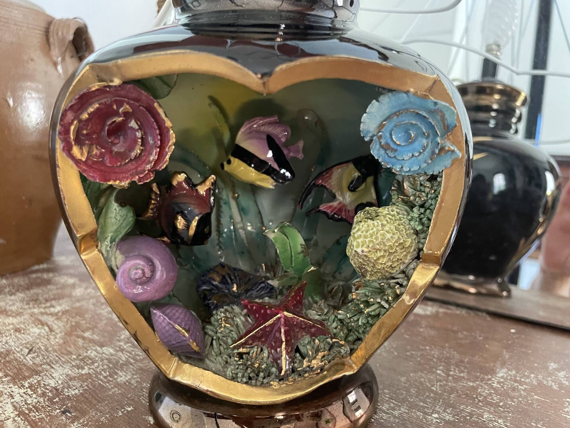 Vintage Cermonac shell fish lamp signed and numbered