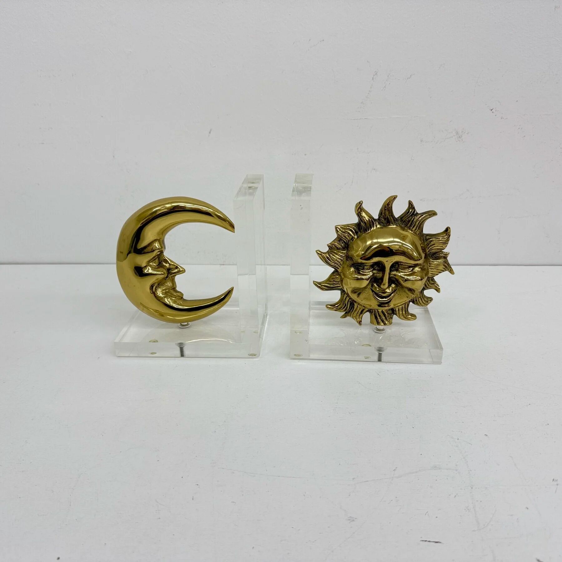 Vintage bookends sun and moon lucite and brass, 1970s