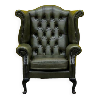 Fauteuil à oreilles Chesterfield vintage en cuir vert