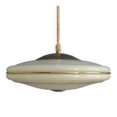Beige Art Deco Pendant Light with Golden Radial Stripes and Brass Profile, 1930-1940