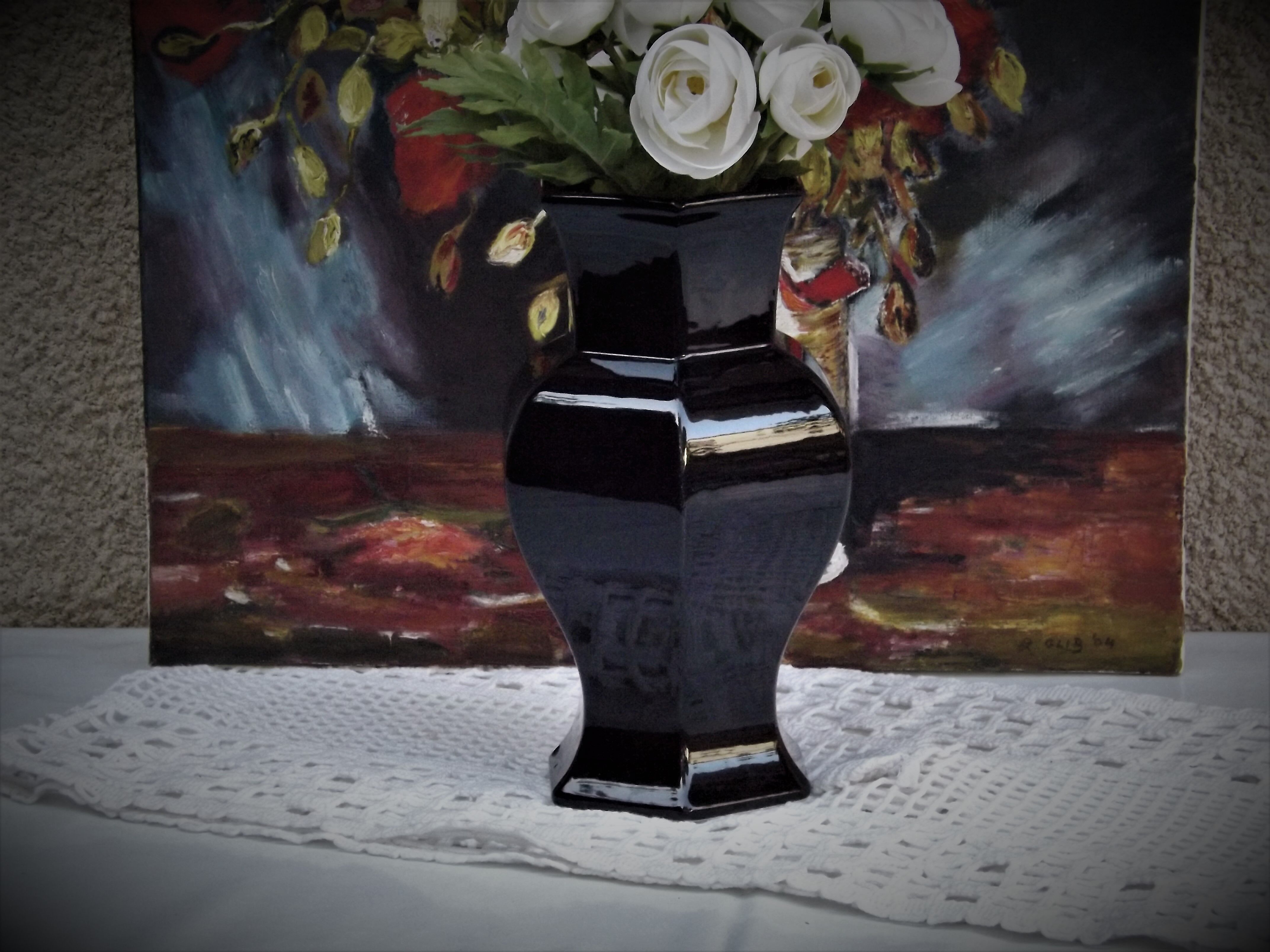 Hexagonal ceramic vase enamelled black France