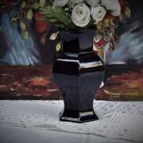 Hexagonal ceramic vase enamelled black France