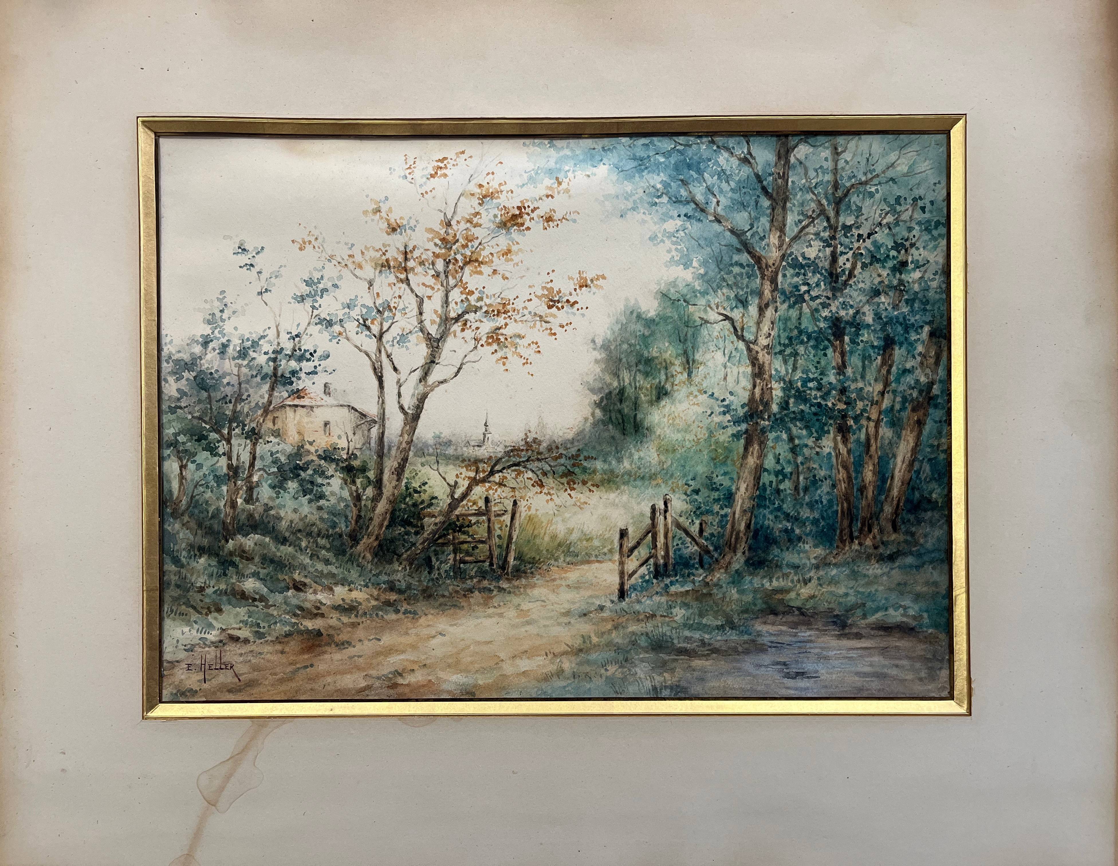 Watercolor painting by Eduard Heller (born in 1852) "Wooded Landscape in a Village"