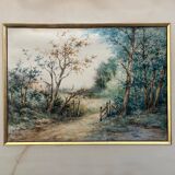 Watercolor painting by Eduard Heller (born in 1852) "Wooded Landscape in a Village"