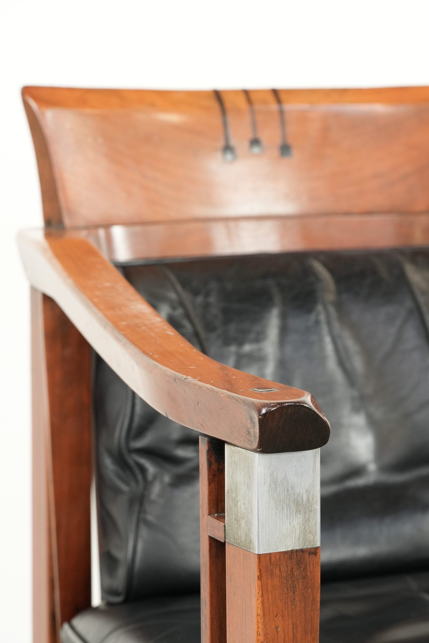 Black leather Art Deco design dining/side/desk chair with armrests