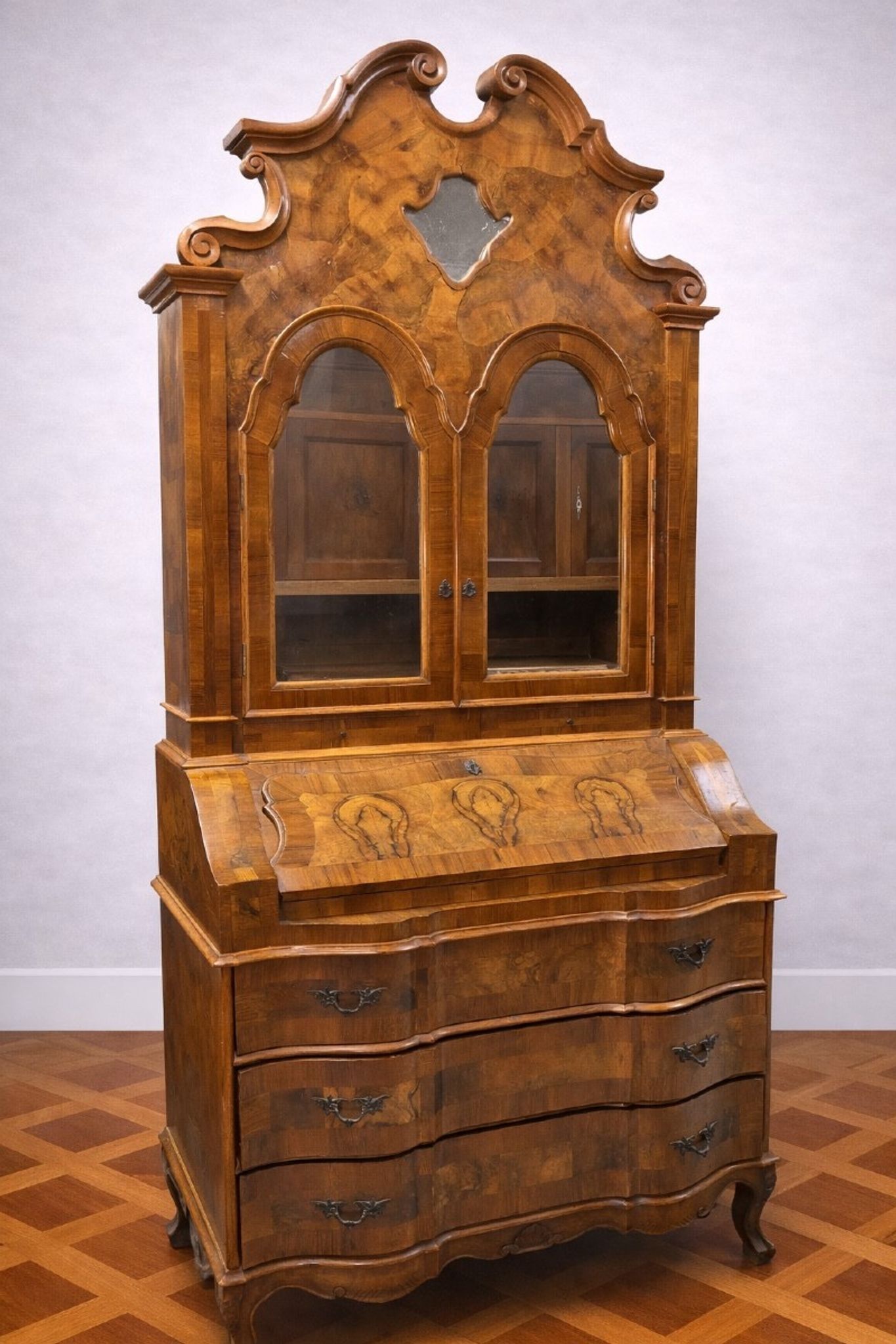 Venetian style Louis XV scriban secretary in marquetry walnut.