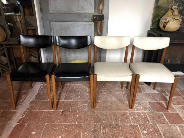 Lot de 4 chaises bois et simili cuir noir et blanc, chaise scandinave