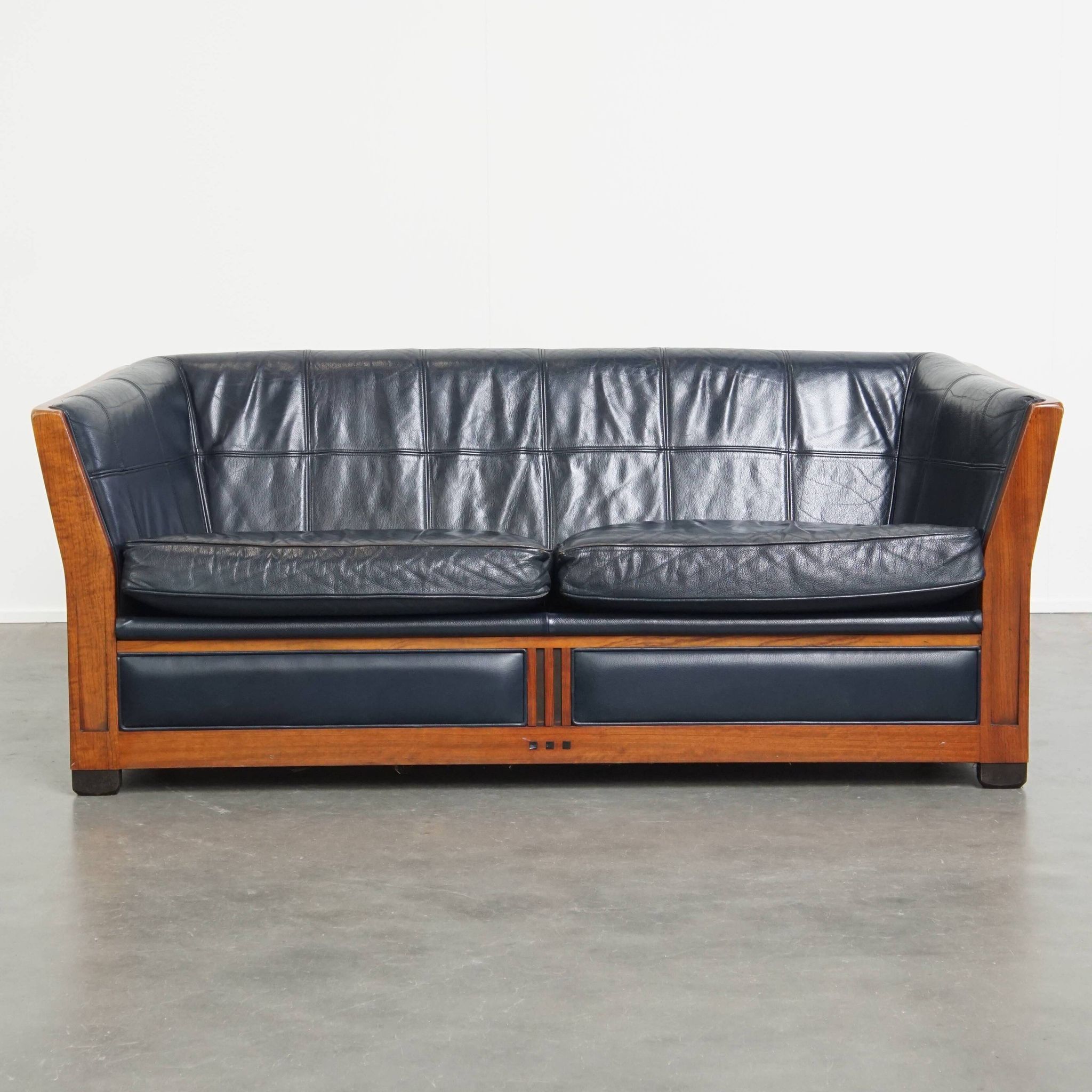 2.5-Seater Art Deco Sofa with Woodwork and Dark Blue Cowhide Leather
