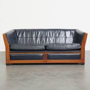 2.5-Seater Art Deco Sofa with Woodwork and Dark Blue Cowhide Leather