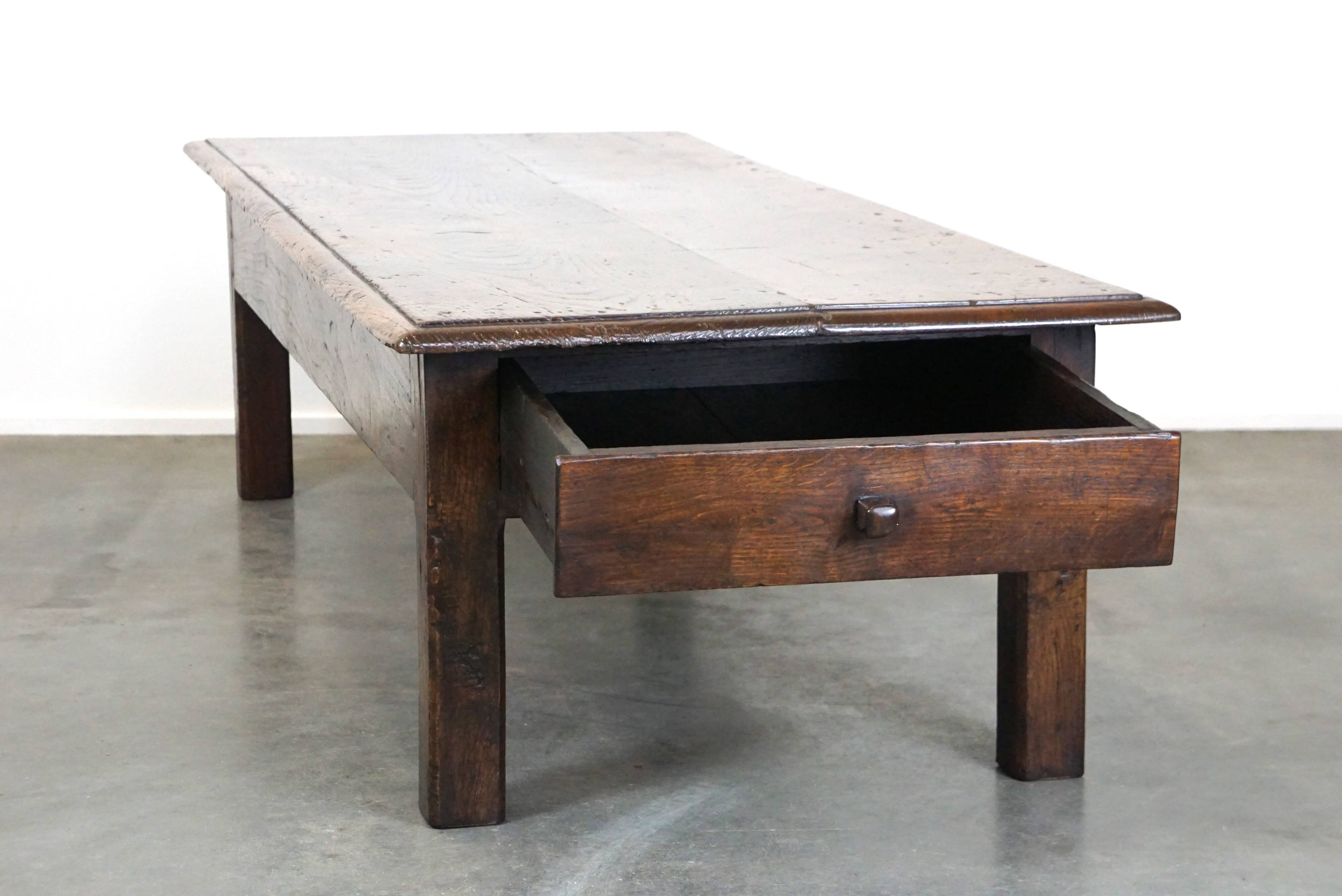 Large antique dark oak coffee table with one drawer