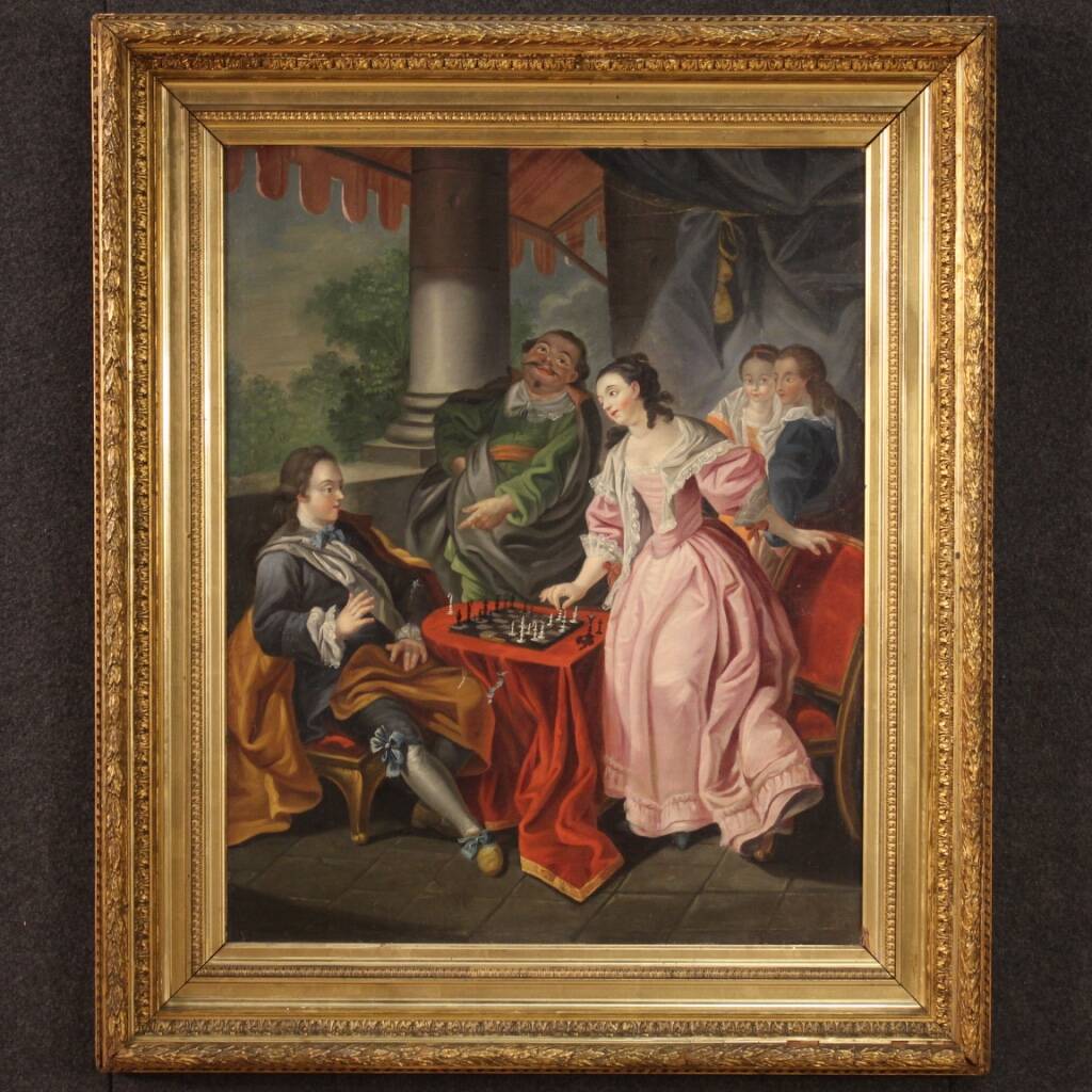 French painting from the 18th century, couple playing chess