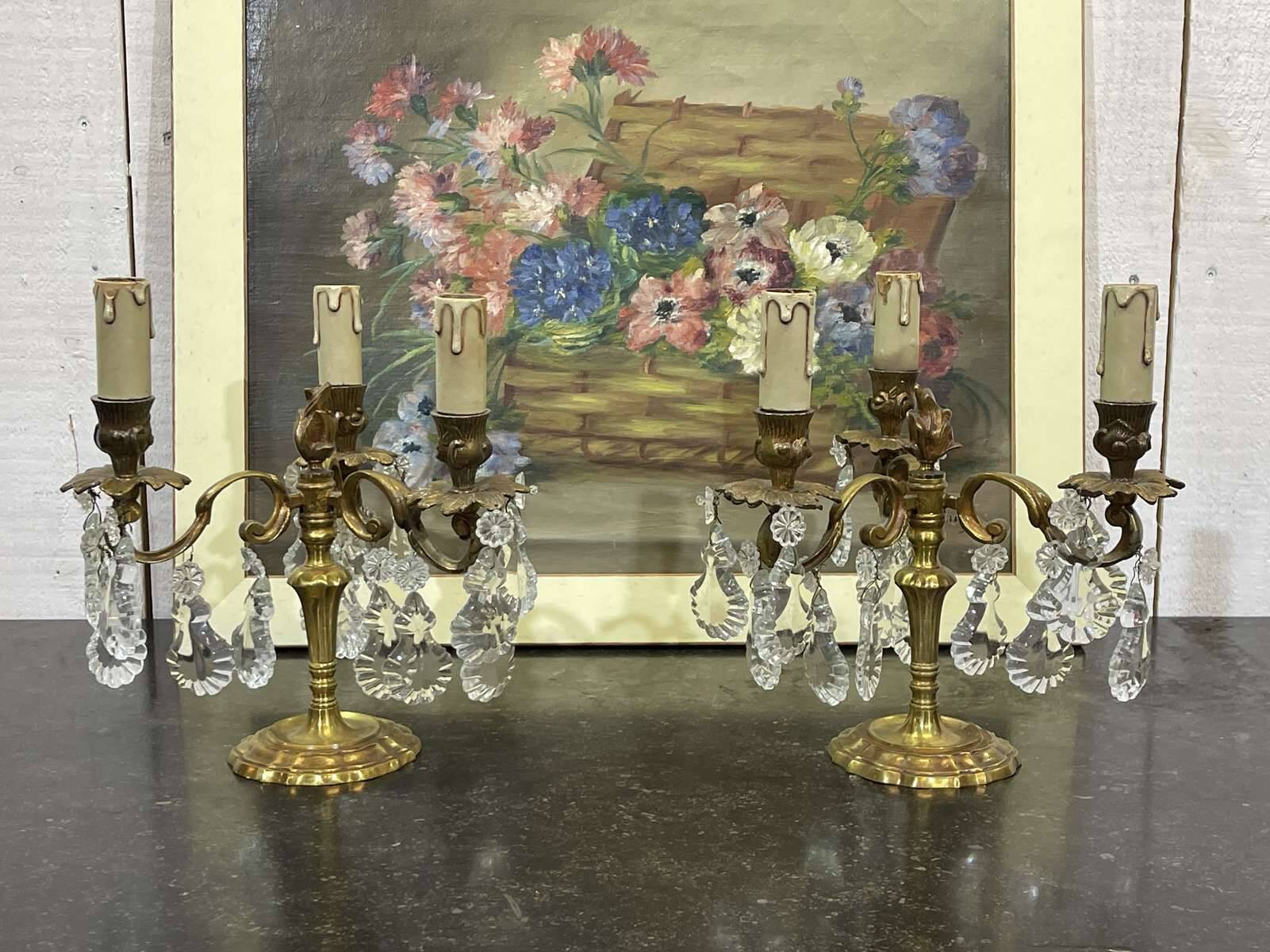 Pair of bronze chandeliers with crystal drops from the 1960s