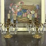 Pair of bronze chandeliers with crystal drops from the 1960s