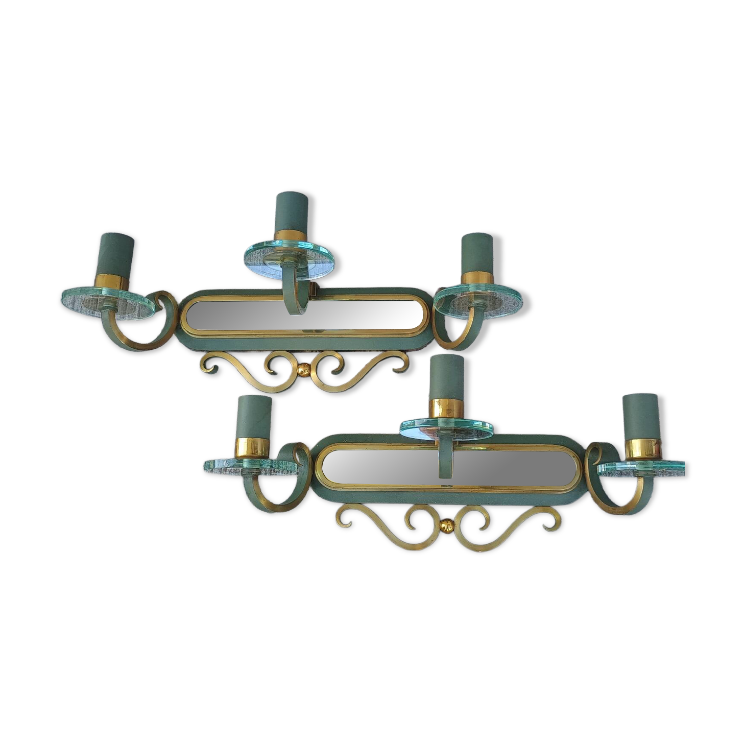 Art Deco luminaire pair of double wall sconces and mirror DLG SUBES AD
