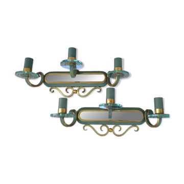 Art Deco luminaire pair of double wall sconces and mirror DLG SUBES AD