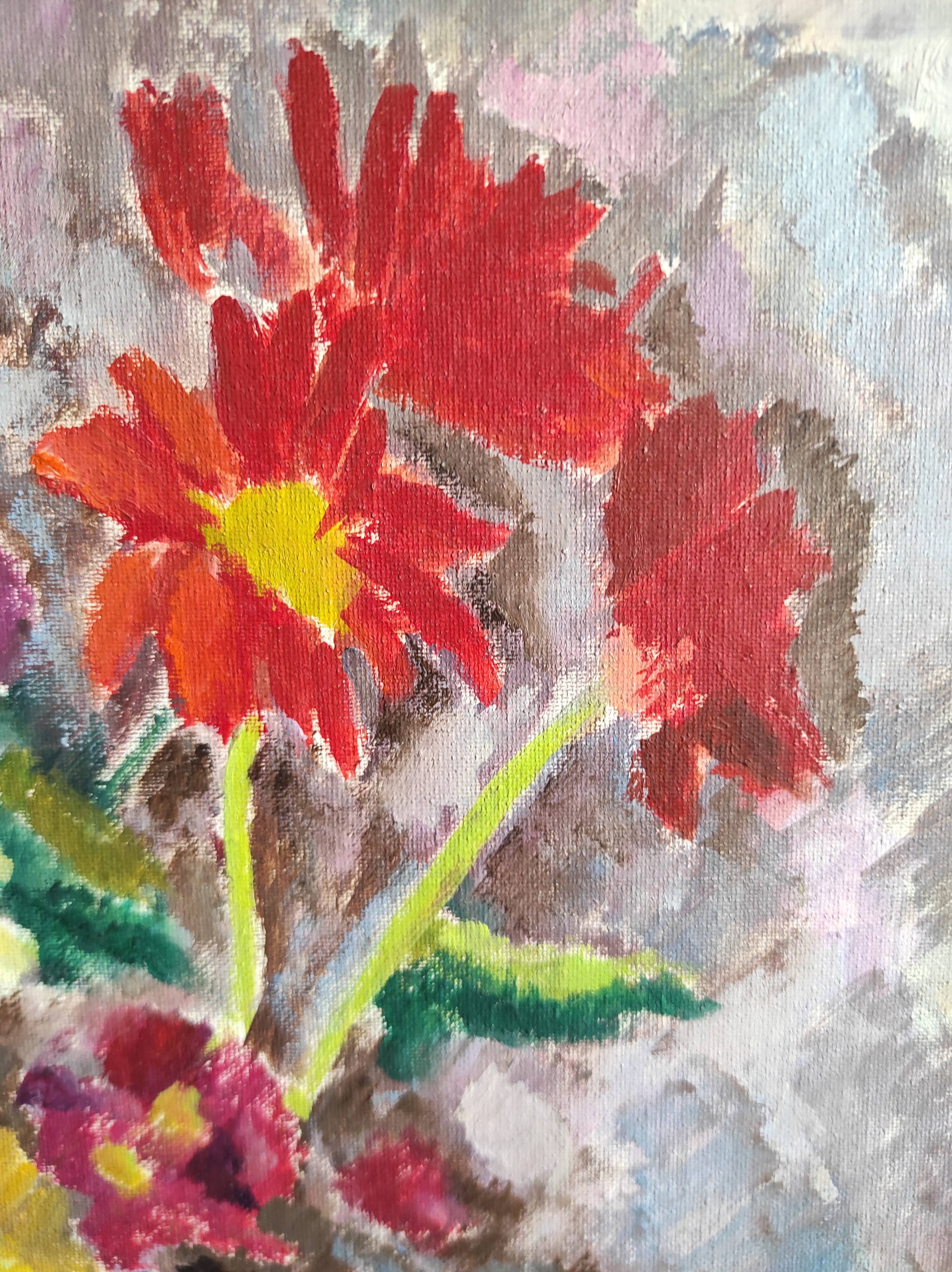 Vintage French oil painting of flowers, signed Renée