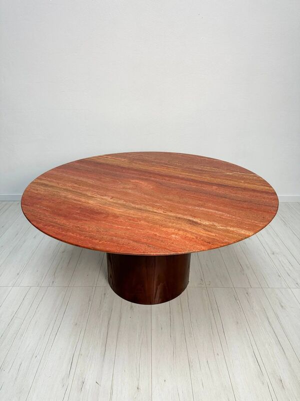 Table à manger ronde en travertin rouge extra large vintage des années 1970