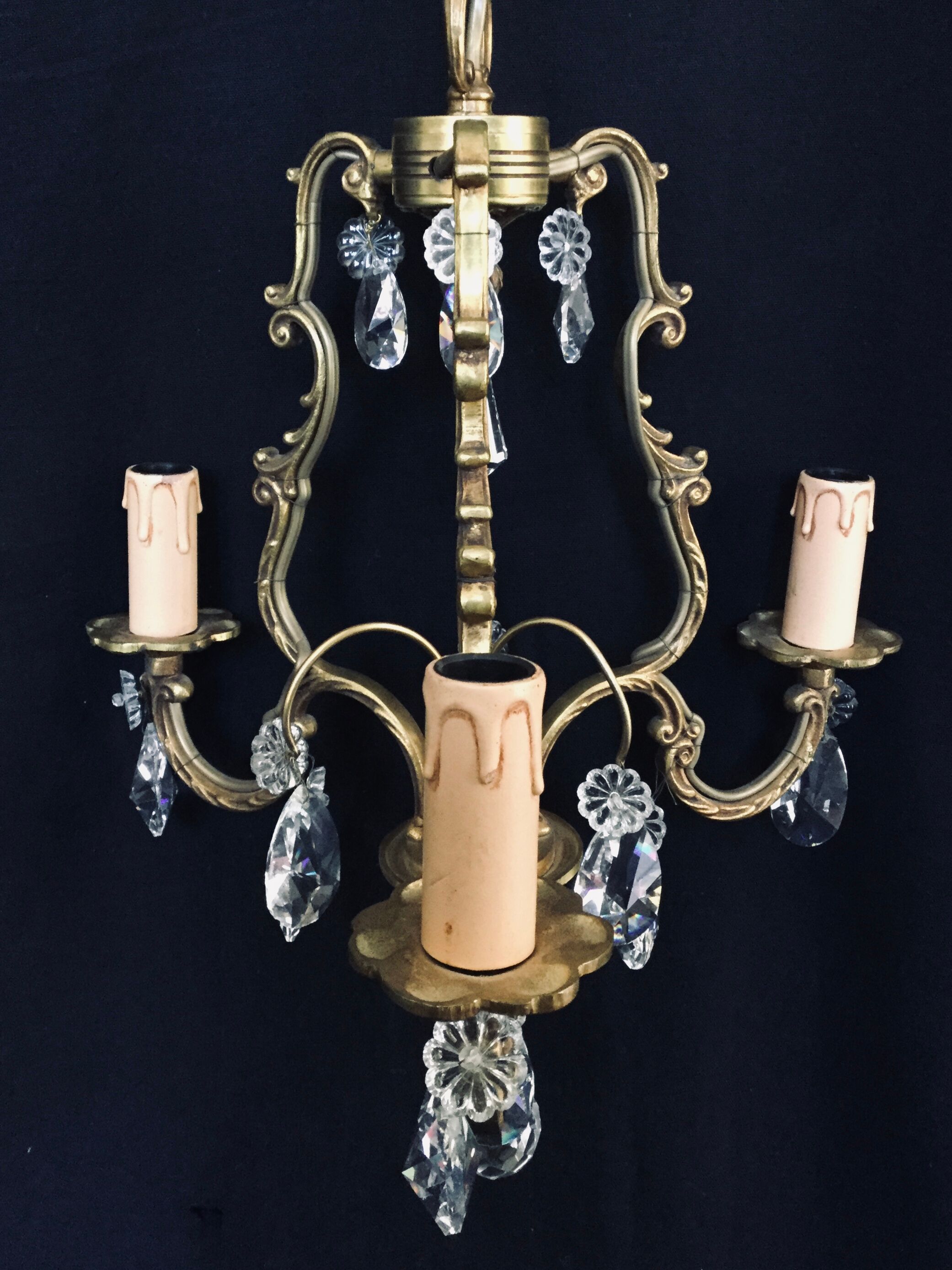 Bronze and crystal 3 light cage chandelier