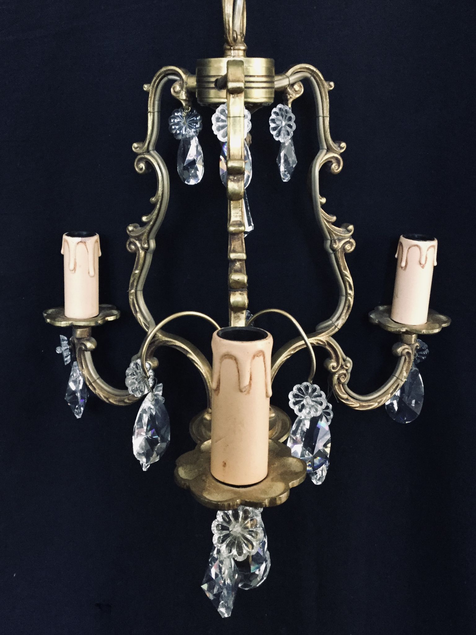 Bronze and crystal 3 light cage chandelier