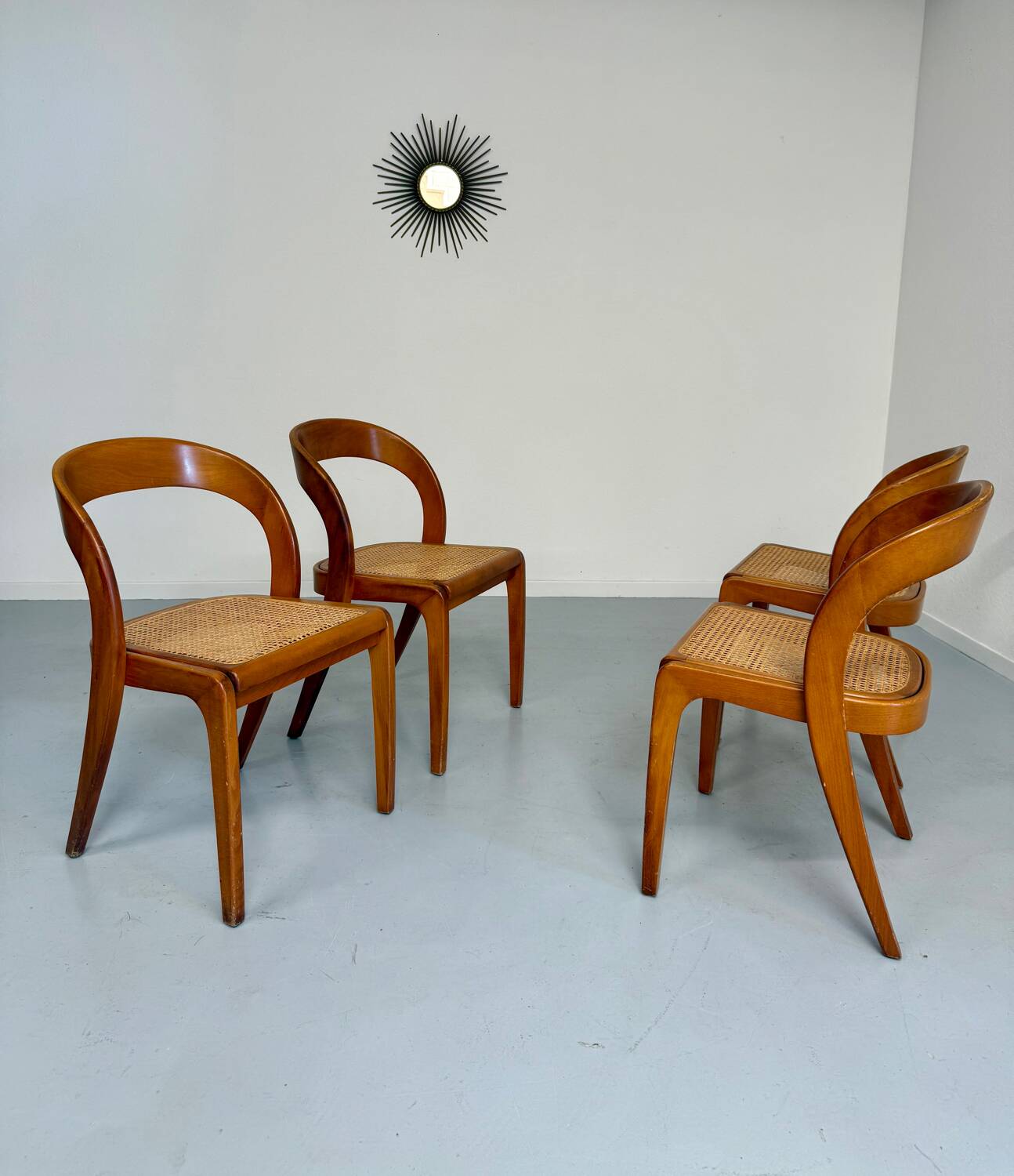 Set of 4 Baumann chairs, Gondola model, wood and cane, 70s