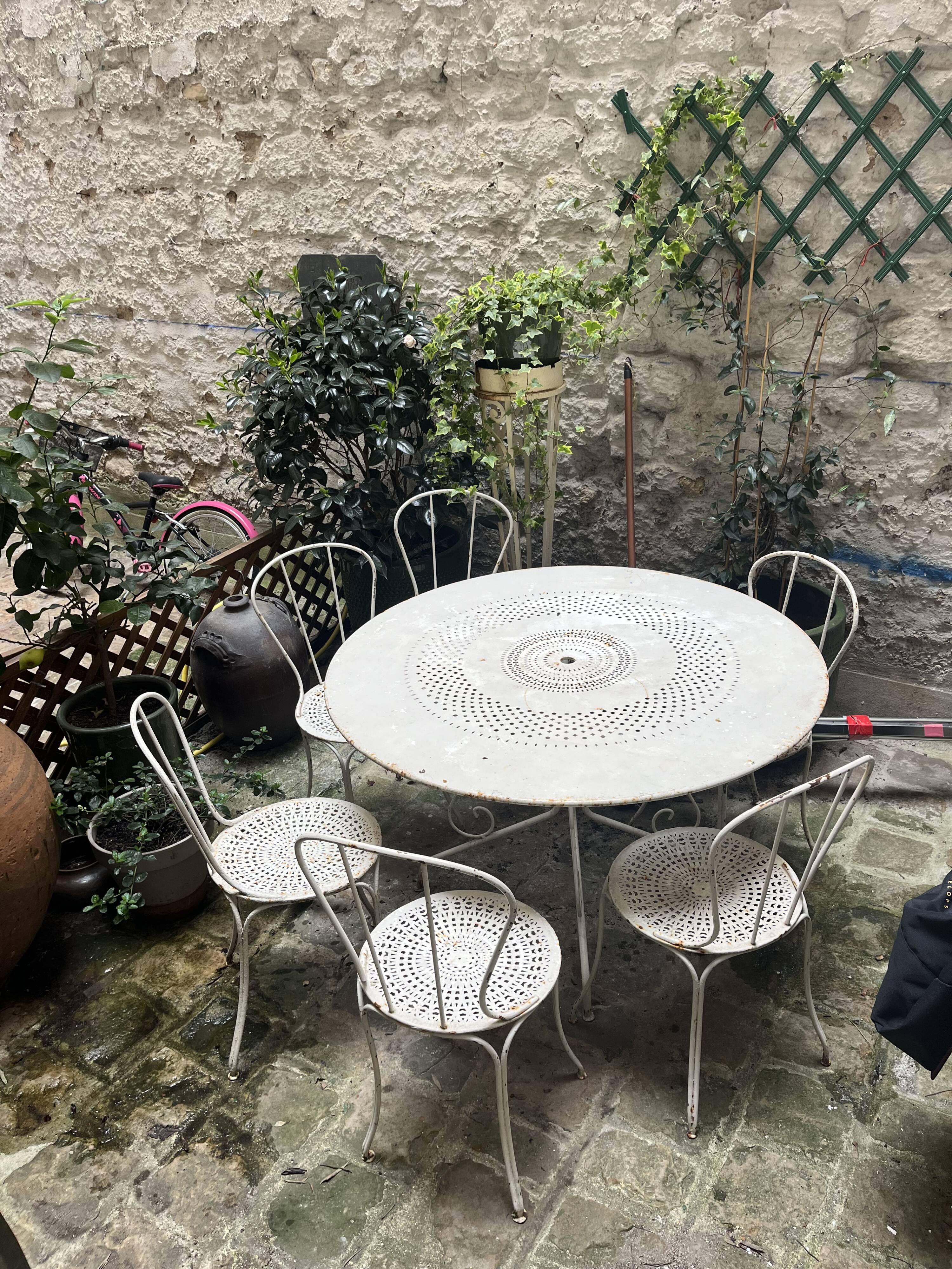 Garden table + 6 antique chairs