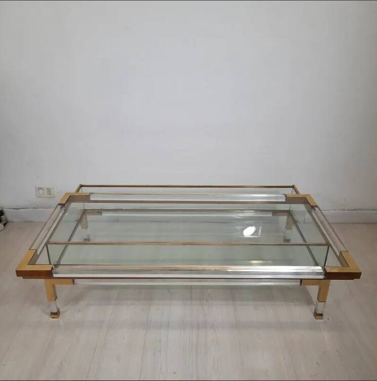 coffee table, table with sliding top, brass plexiglass crystal  vintage anni 70