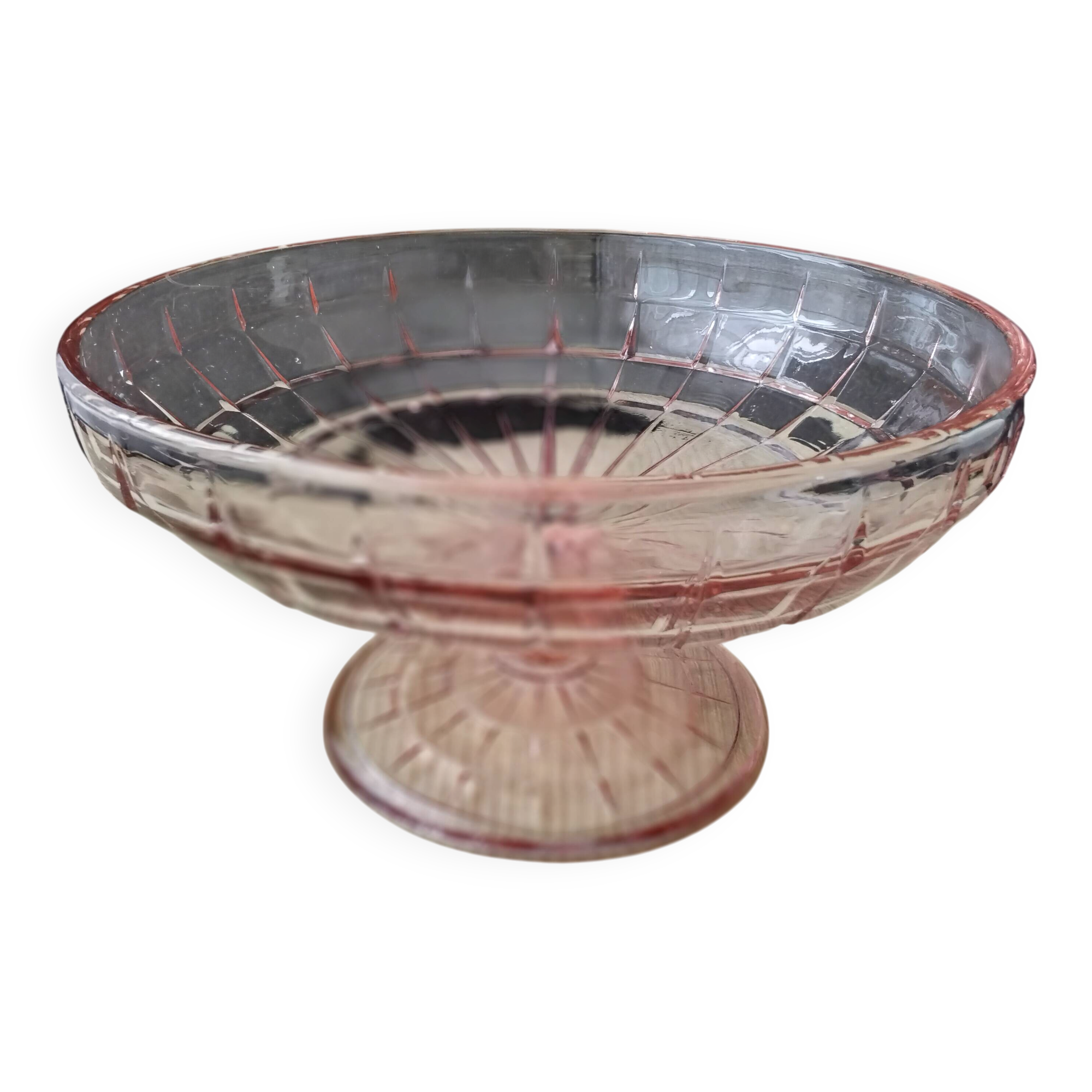Footed bowl, pressed glass compote in pink Art Deco style.