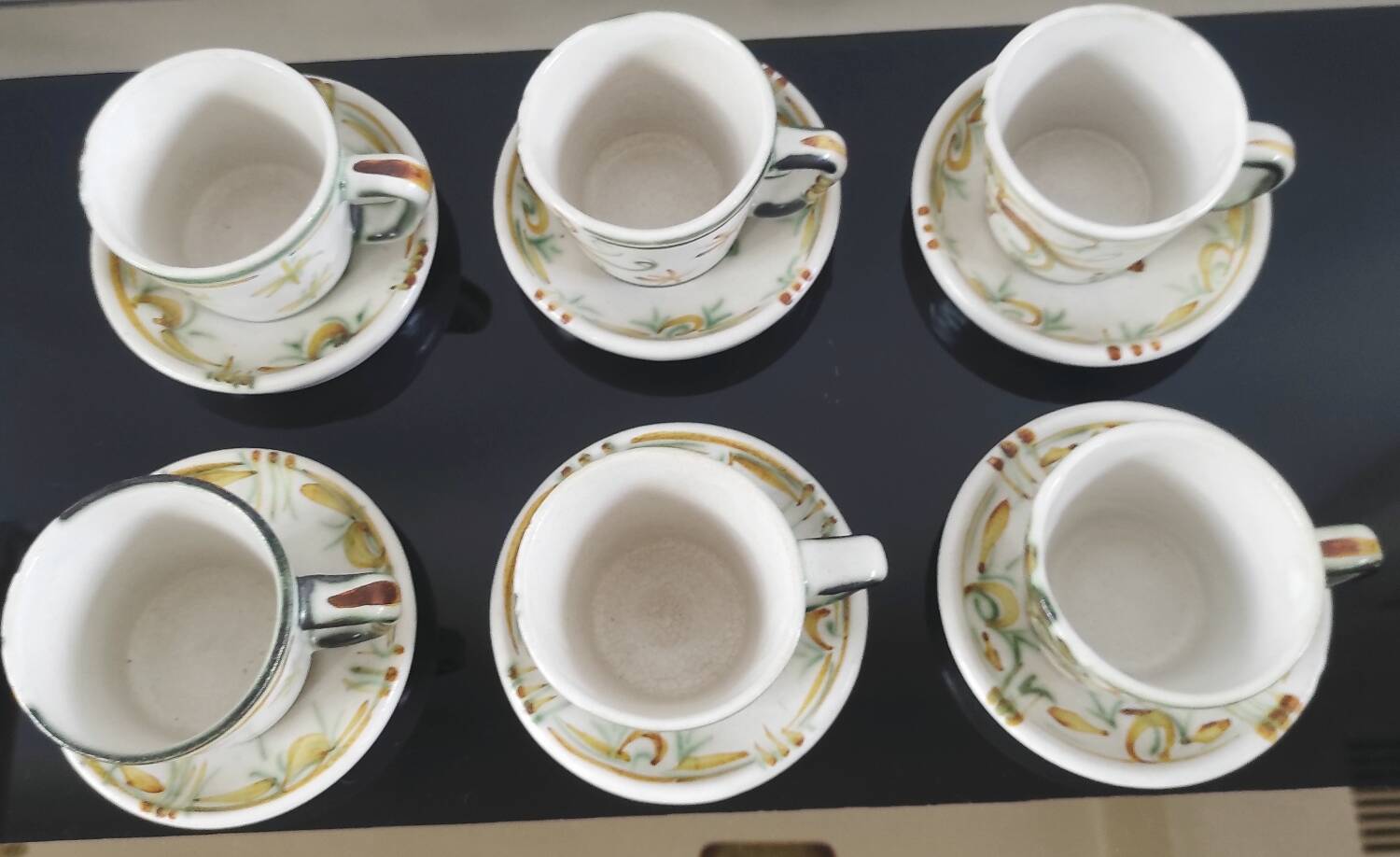 Set of 6 vintage Kéraluc Quimper coffee cups and saucers.