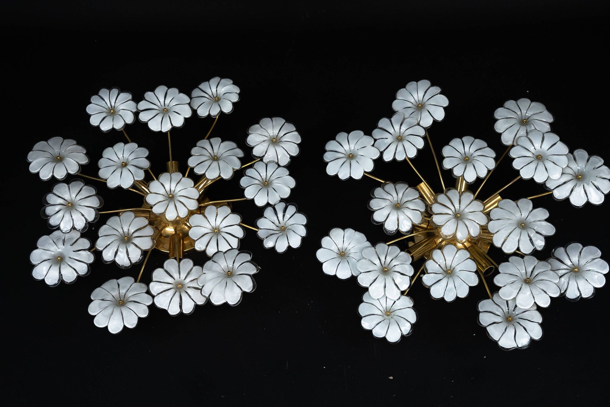 Pair of Murano white flower ceiling lamps. Italy 1980s