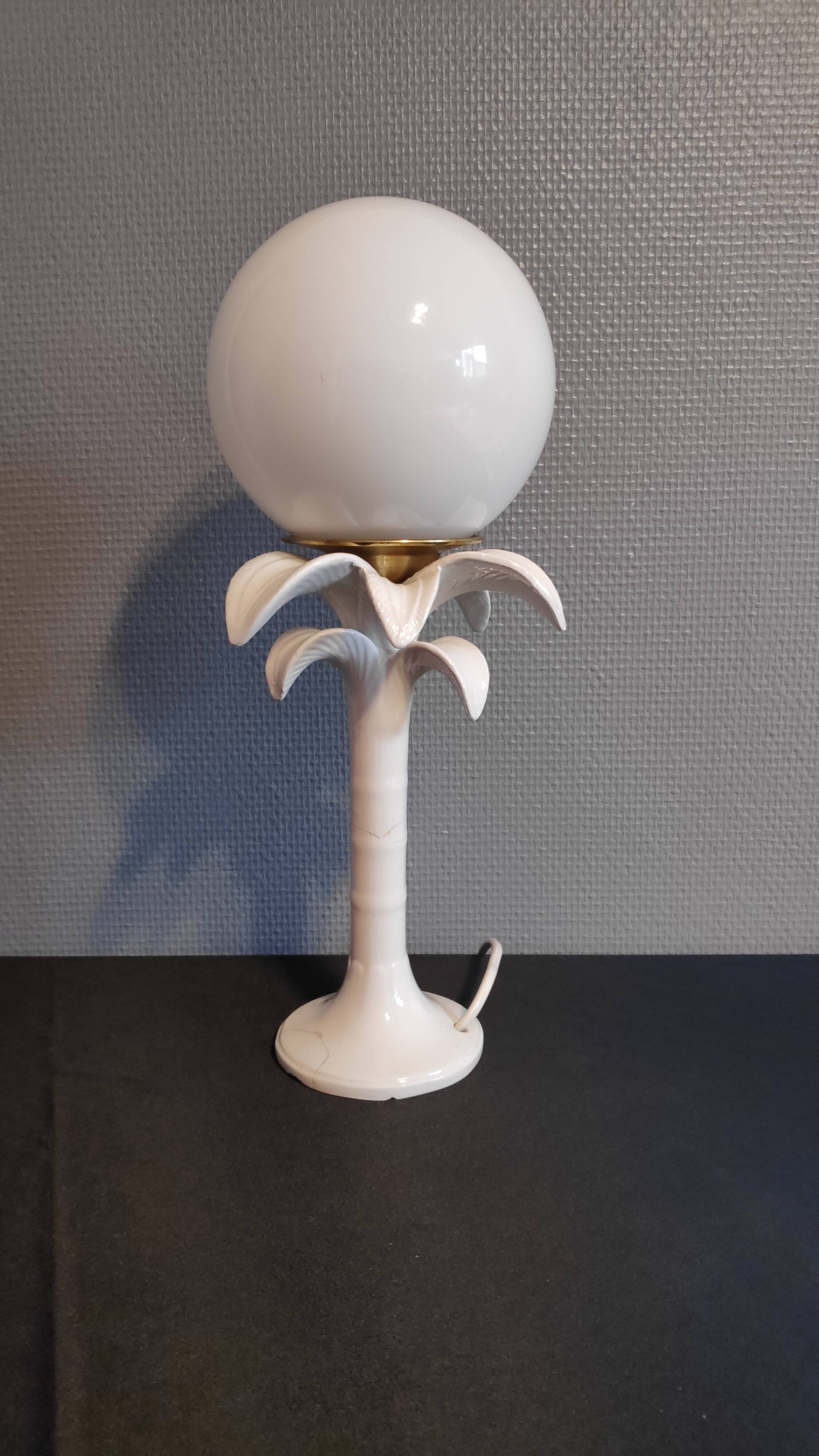 Italian white ceramic palm lamp and opaline globe